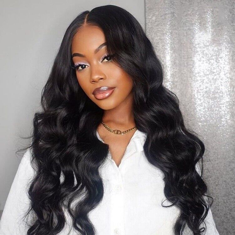 Women Human Hair Wigs Glueless Transparent Full Lace Front Wavy Long Wig UK