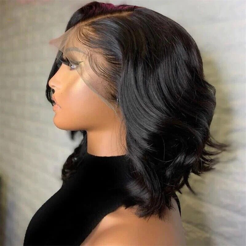 Womens Human Hair Wigs Wavy Short Lace Front Bob Wig UK