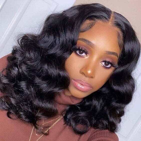 Human Hair Wigs UK Women Full Glueless Wear & Go Wavy Lace Front Short Bob Wig