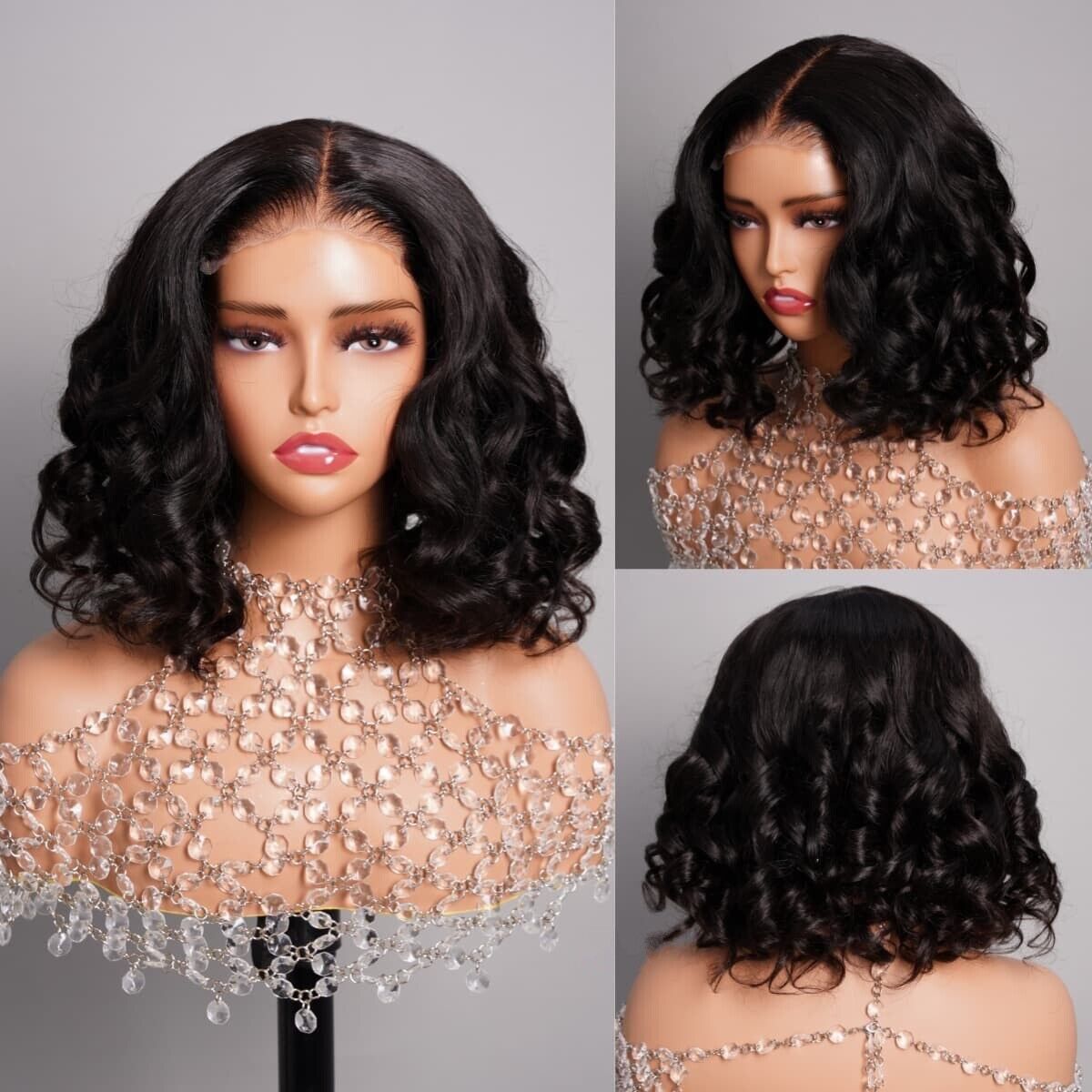 Human Hair Wigs UK Women Full Glueless Wear & Go Wavy Lace Front Short Bob Wig