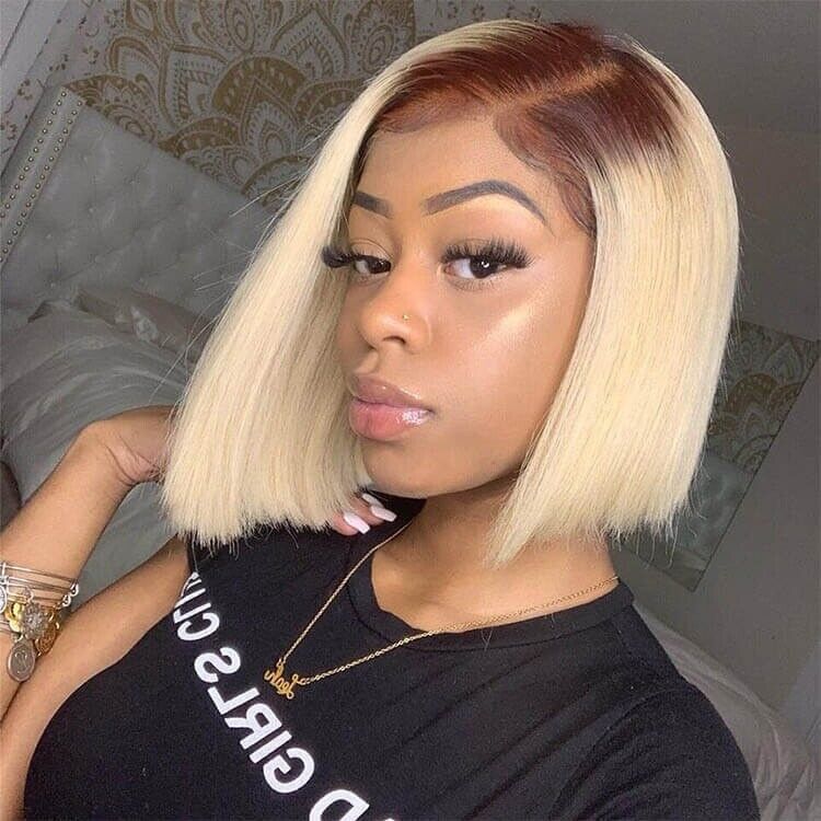 Human Hair Blonde Bob Wigs with Dark Brown Roots Ombre Lace Closure Bob Women UK