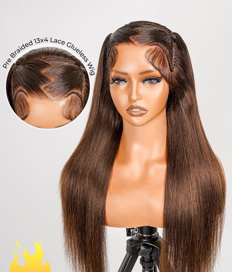 Glueless #4 Brown Pre Styled Zig Zag Part Frontal Wig Straight Lace Wig