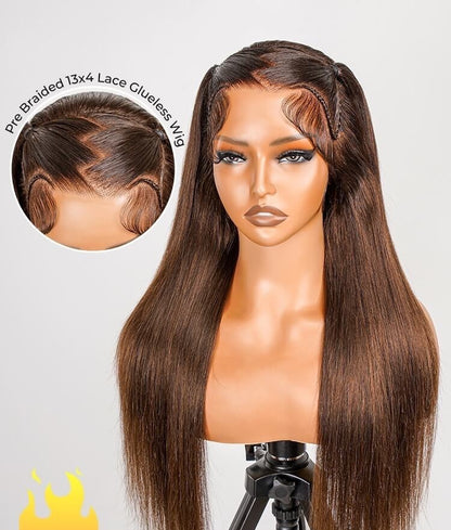 Glueless #4 Brown Pre Styled Zig Zag Part Frontal Wig Straight Lace Wig