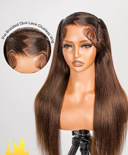Glueless #4 Brown Pre Styled Zig Zag Part Frontal Wig Straight Lace Wig