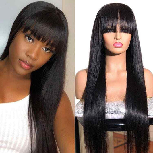 Womens Human Hair Wigs Glueless Lace Front Straight Long Wig With Bangs 210% UK