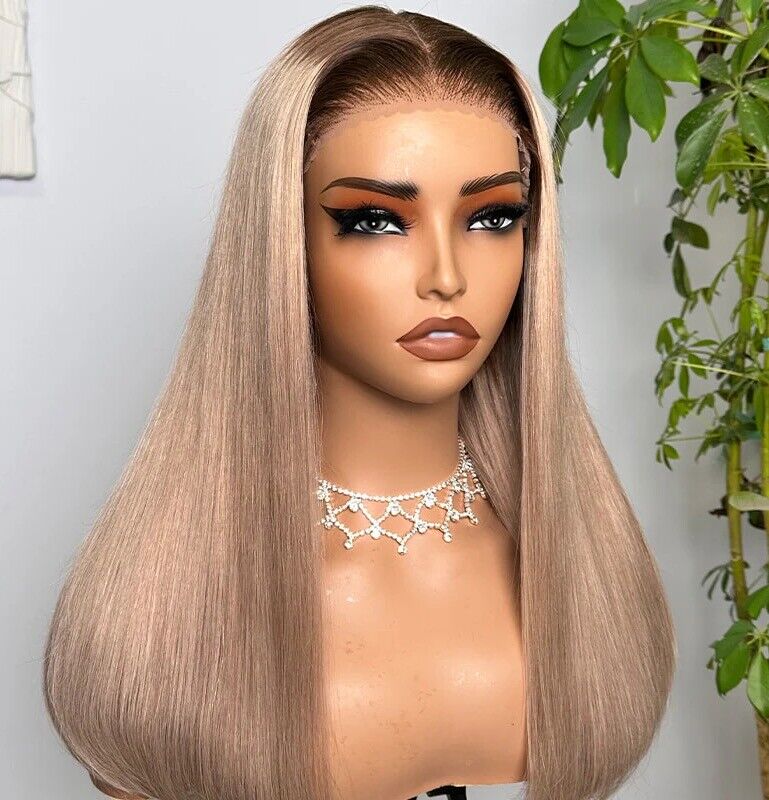 Human Hair Wigs Glueless Women Lace Front Straight Wear And Go #Ombre Blonde UK