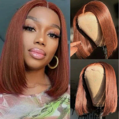 Human Hair Wigs Women Glueless Lace Front Straight Short Wig Highlight Red UK