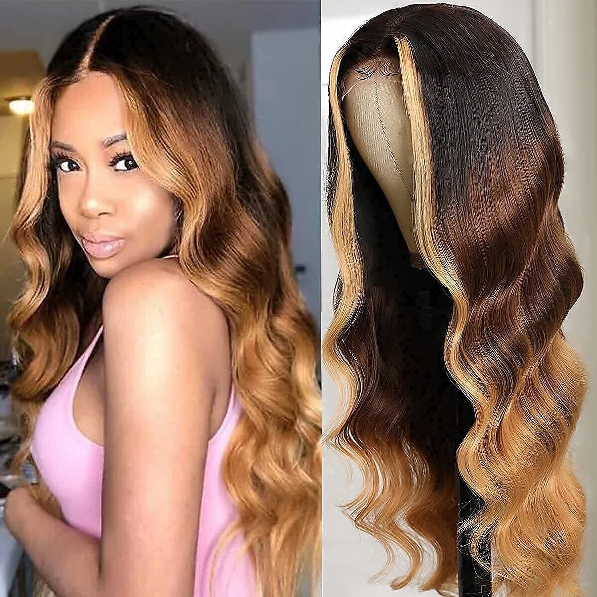 Human Hair Wigs Wig Women Glueless Lace Front Wavy Long UK Highlights Blonde