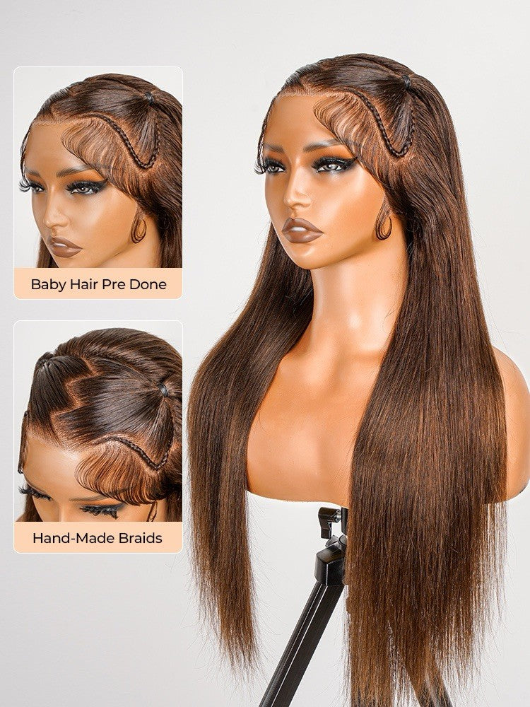 Glueless #4 Brown Pre Styled Zig Zag Part Frontal Wig Straight Lace Wig