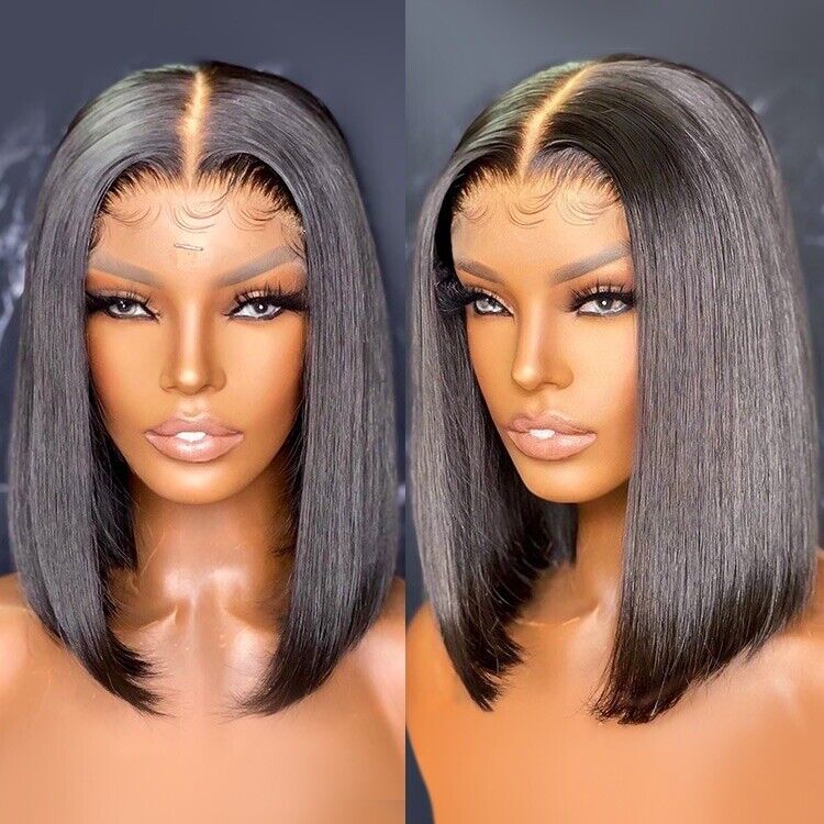 Women Human Hair Wigs Straight Short Bob Full Lace Front Wig UK