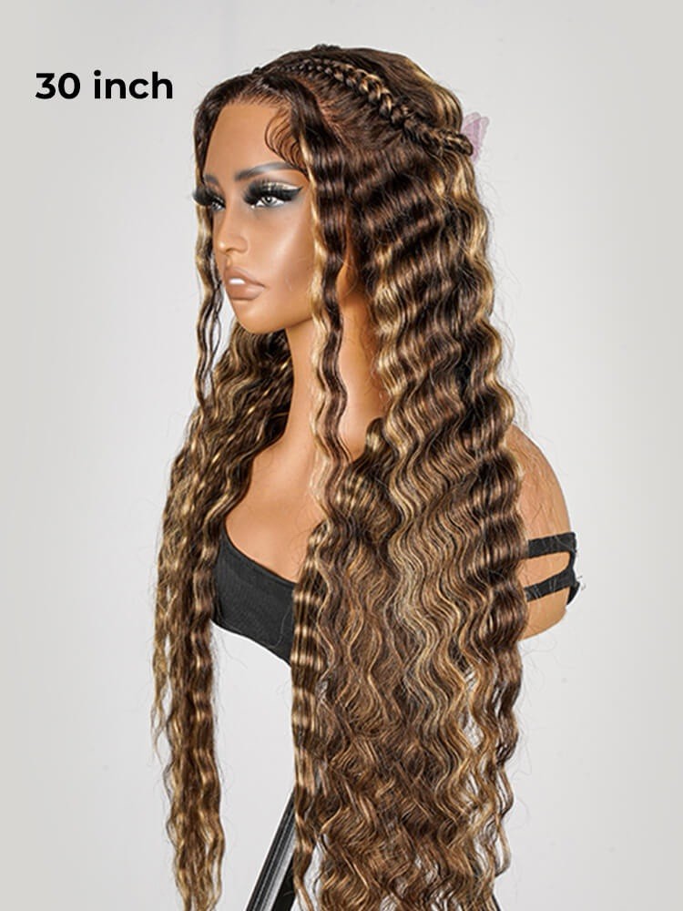 Glueless #P4/27 Color Highlight Wig Styled Crimped Wavy Front Wig