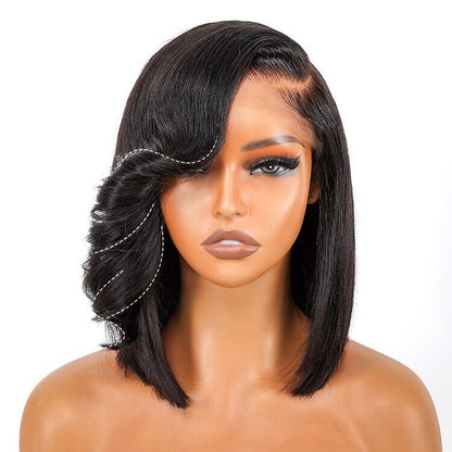 Human Hair Wigs Side Bang Layered Cut Wavy Bob Wig Glueless Women Wig UK