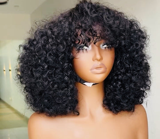 Raw Vietnamese SDD Lace Front Bouncy Curly Glueless Fringe Bob Wig 250% Density