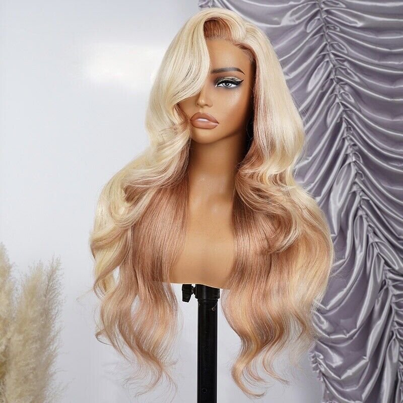 Glueless Blonde And Flaxen Brown Ombre  Human Hair Lace Front Wig 250% Density