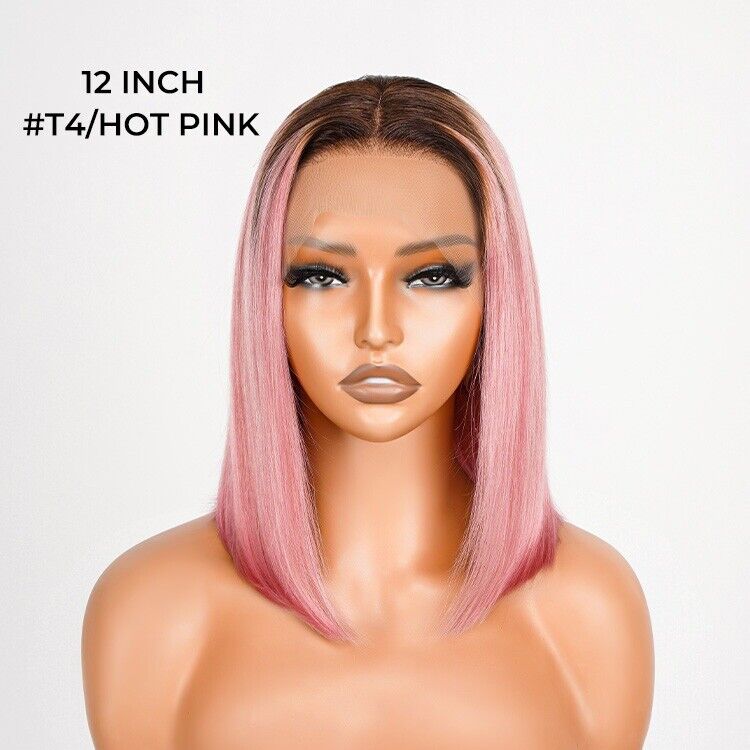 Glueless Ready To Wear Bob Wig Pre Cut Lace Human Hair Coloured HotPink Women UK