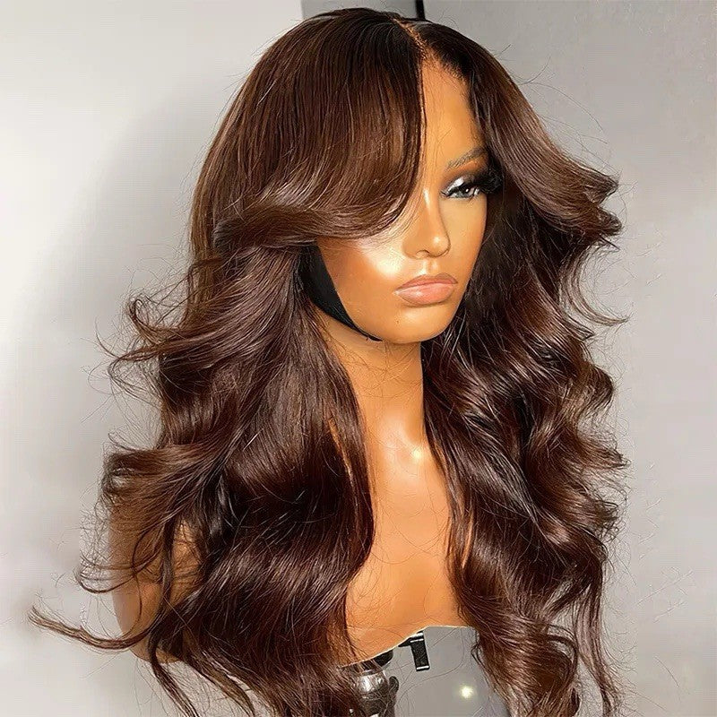 Chocolate Brown Body Wave With Curtain Bangs Wig Glueless 6×5 Pre-Cut Lace Wig