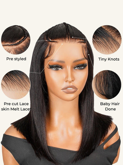Human Hair Wigs Glueless Pre Styled Braided Ready To Wear Lace Front Bob Wig