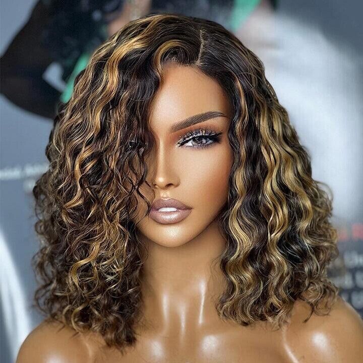 Women Human Hair Wig Glueless Lace Front Highlight Honey Blonde Short Wigs UK