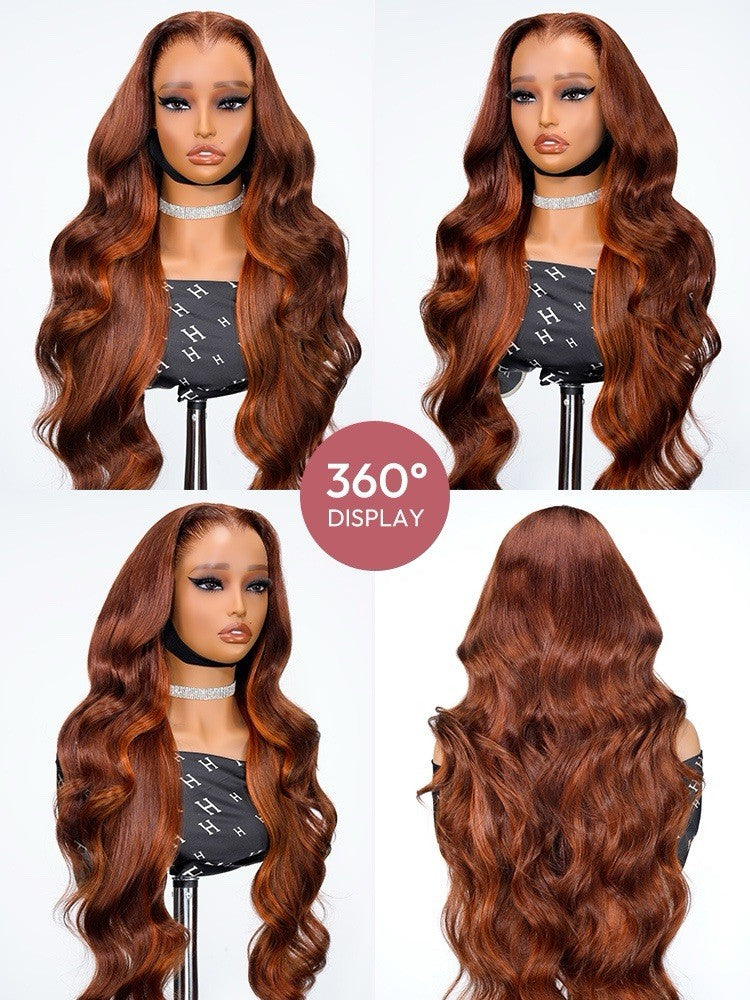 250% Density M Hairline Wavy Dark Burnt Orange Highlight Wig Human Hair Glueless