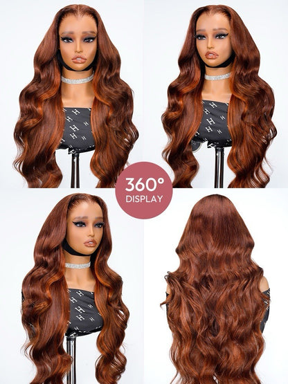 250% Density M Hairline Wavy Dark Burnt Orange Highlight Wig Human Hair Glueless