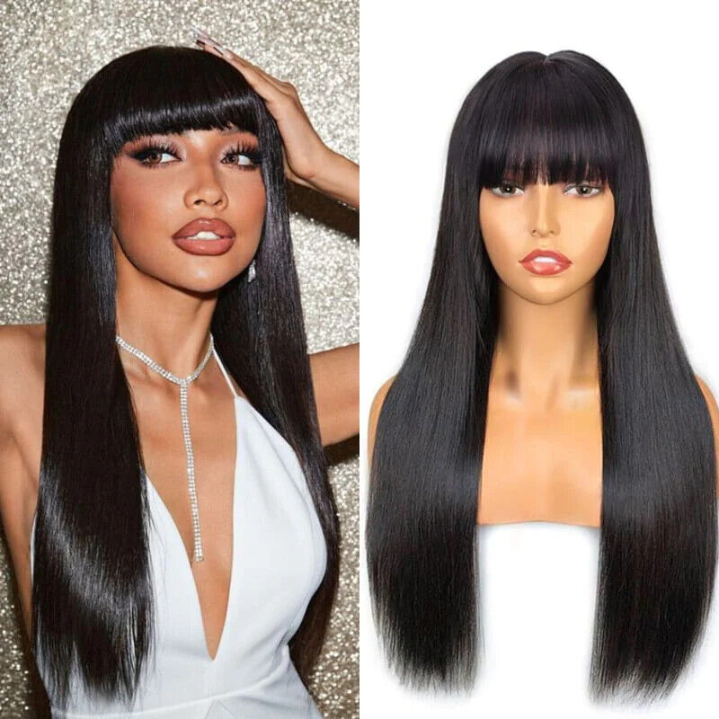 Womens Human Hair Wigs Glueless Lace Front Straight Long Wig With Bangs 210% UK