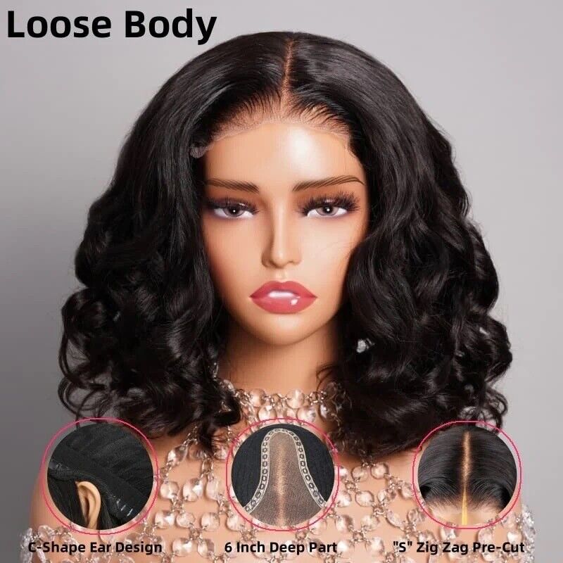 Human Hair Wigs UK Women Full Glueless Wear & Go Wavy Lace Front Short Bob Wig