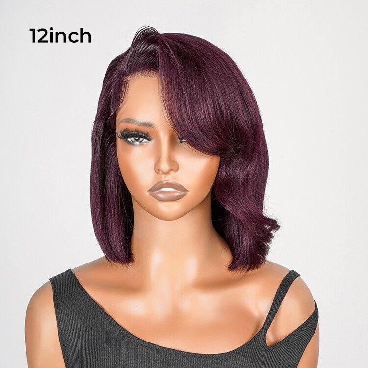 Human Hair Wigs Side Bang Layered Cut Wavy Bob Wig Glueless Women UK Dark 99j