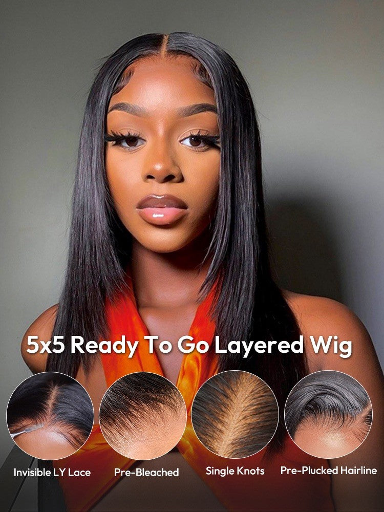 Layered Super Invisible Lace 5*5 Front Human Hair Glueless Wig Straight 250% 