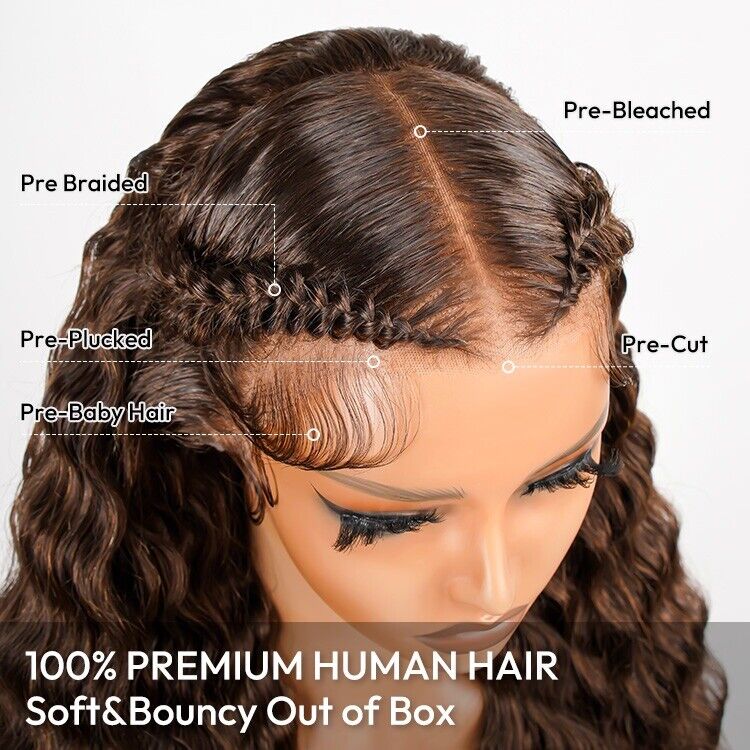 Human Hair Wigs Glueless Pre Styled Lace Front Wear Go Wavy Wig Women UK