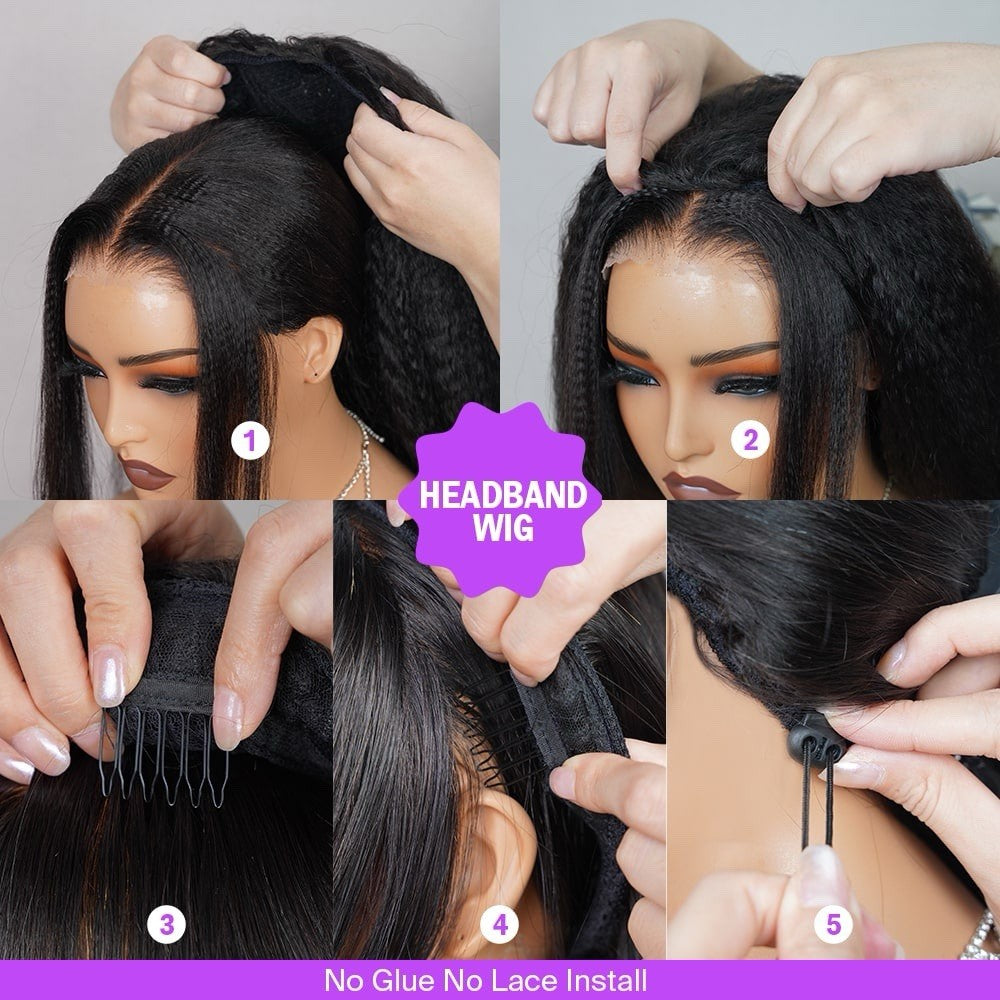 Half Wig Yaki Straight Drawstring Wigs Easy To Wear & Go 3/4 Flip Over No Glue