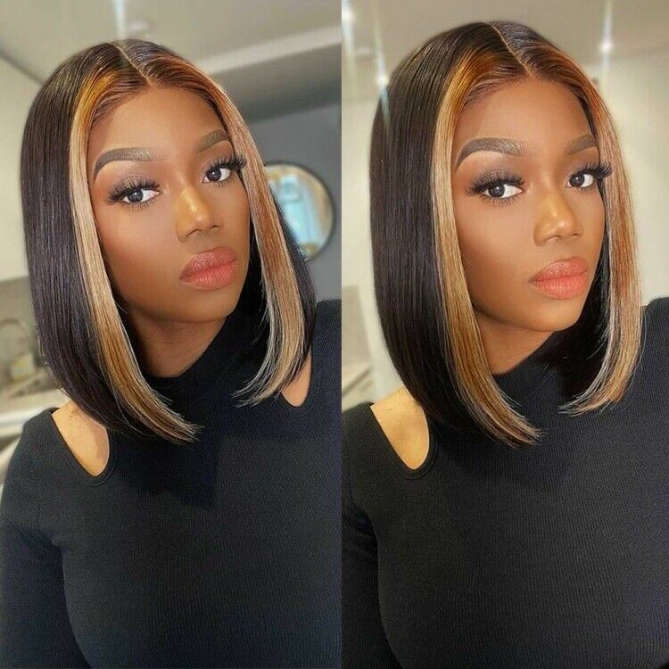 Human Hair Wigs Glueless Ready To Wear Lace Front Straight Bob Highlights Wig UK