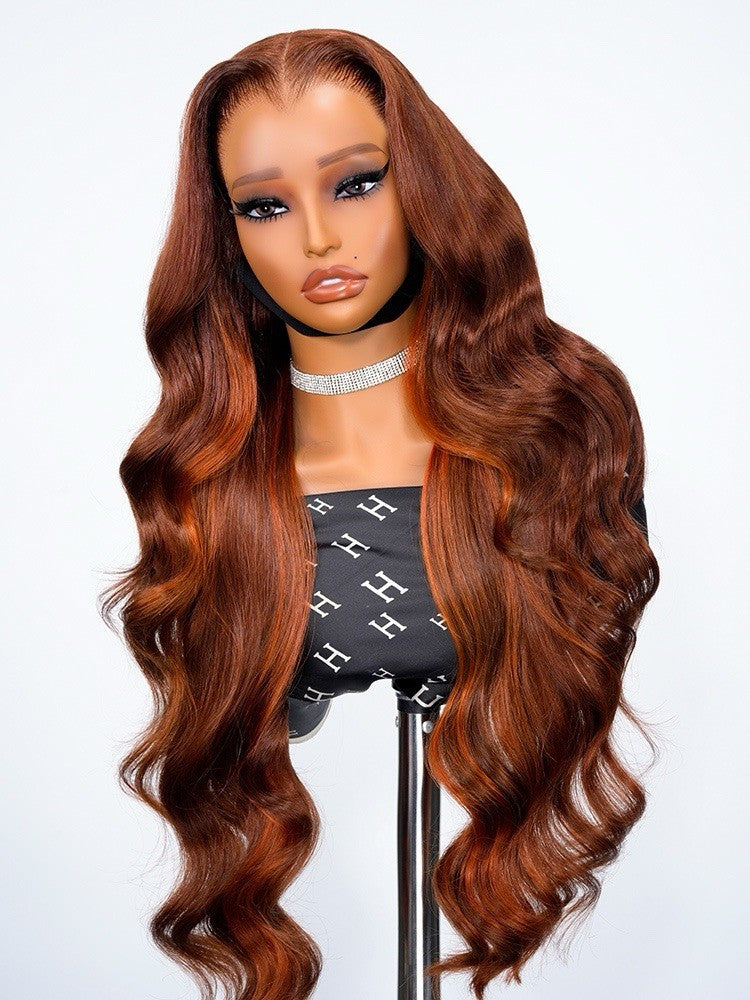 250% Density M Hairline Wavy Dark Burnt Orange Highlight Wig Human Hair Glueless