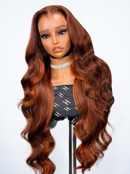 250% Density M Hairline Wavy Dark Burnt Orange Highlight Wig Human Hair Glueless