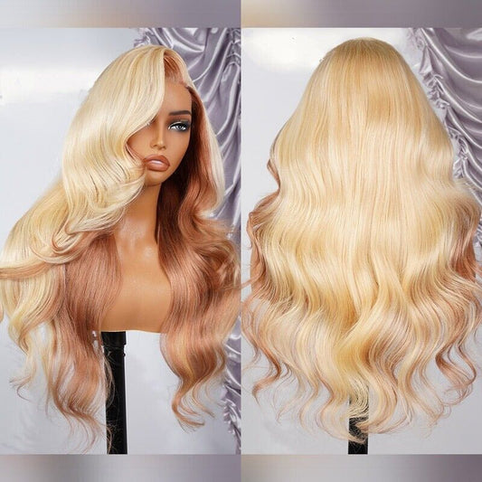 Glueless Blonde And Flaxen Brown Ombre  Human Hair Lace Front Wig 250% Density