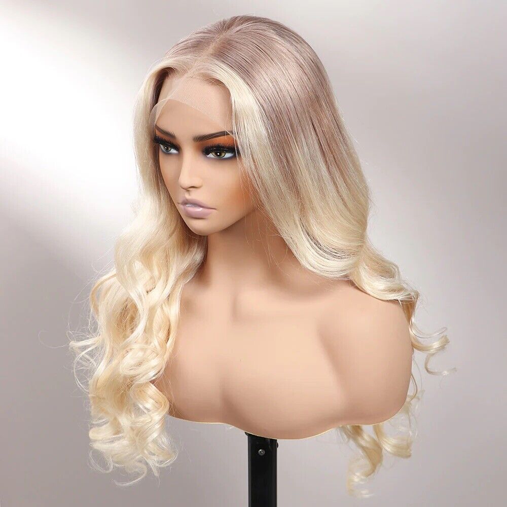 UK Women Full Wig Blonde Human Hair Wavy And Wavy Full Lace Front Long Wigs.