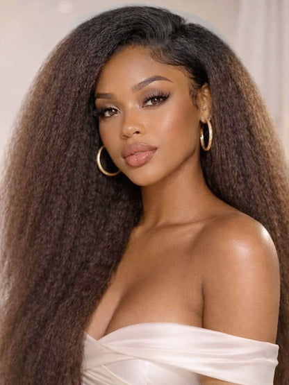 Pre Styled Brown Ombre Yaki Straight Human Hair 300% Full Density Glueless  Wig 