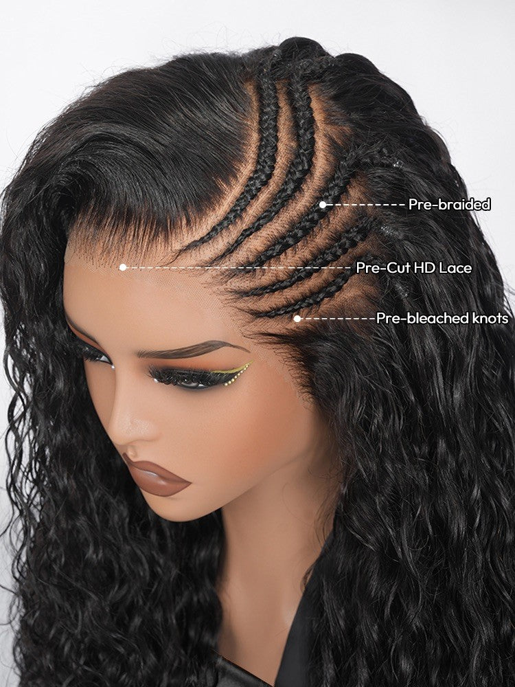 Pre Styled Side Pre-Braided Glueless Lace Wavy Human Hair 300% Full Density Wig