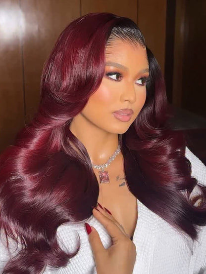 M Hairline Side Part #1B/99J Ombre Body Wave 13x6 Lace Frontal Wigs