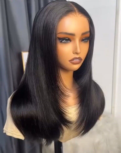 Blunt Cut Bone Straight Human Hair Ready To Go Glueless Lace Front Wig 250%