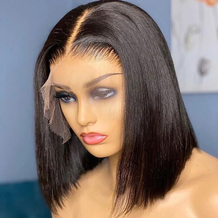 Women Human Hair Wigs Straight Short Full Invisible Crystal Lace Front Wig UK