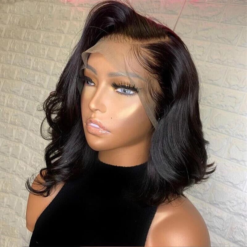 Womens Human Hair Wigs Wavy Short Lace Front Bob Wig UK