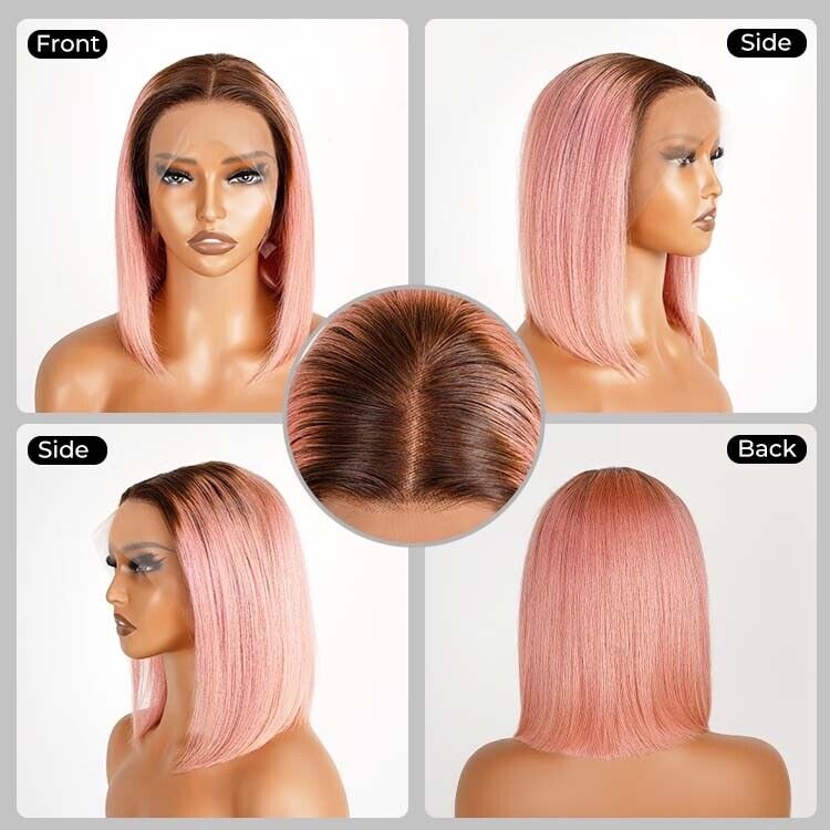 Human Hair Wigs Lace  Coloured #T4/Pink Bob Wig Glueless Women Wig UK