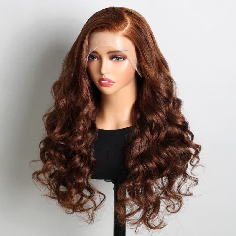 Human Hair Wigs Women Glueless Full Lace Front Wavy Long Brown Coloured Wig UK