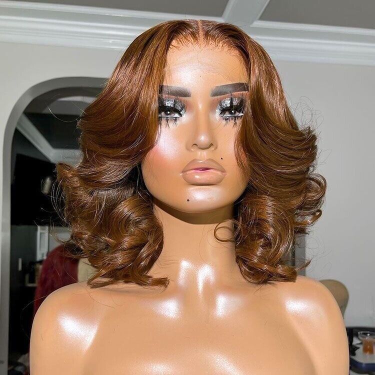 Human Hair Wigs Glueless Wavy Lace Front Light Brown Wavy Short Bob Wig Women UK