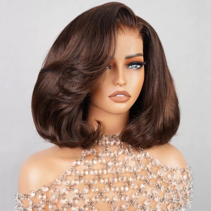 Women Human Hair Wigs Full Wavy Glueless Wear Go Lace Front Short Bob Wig UK