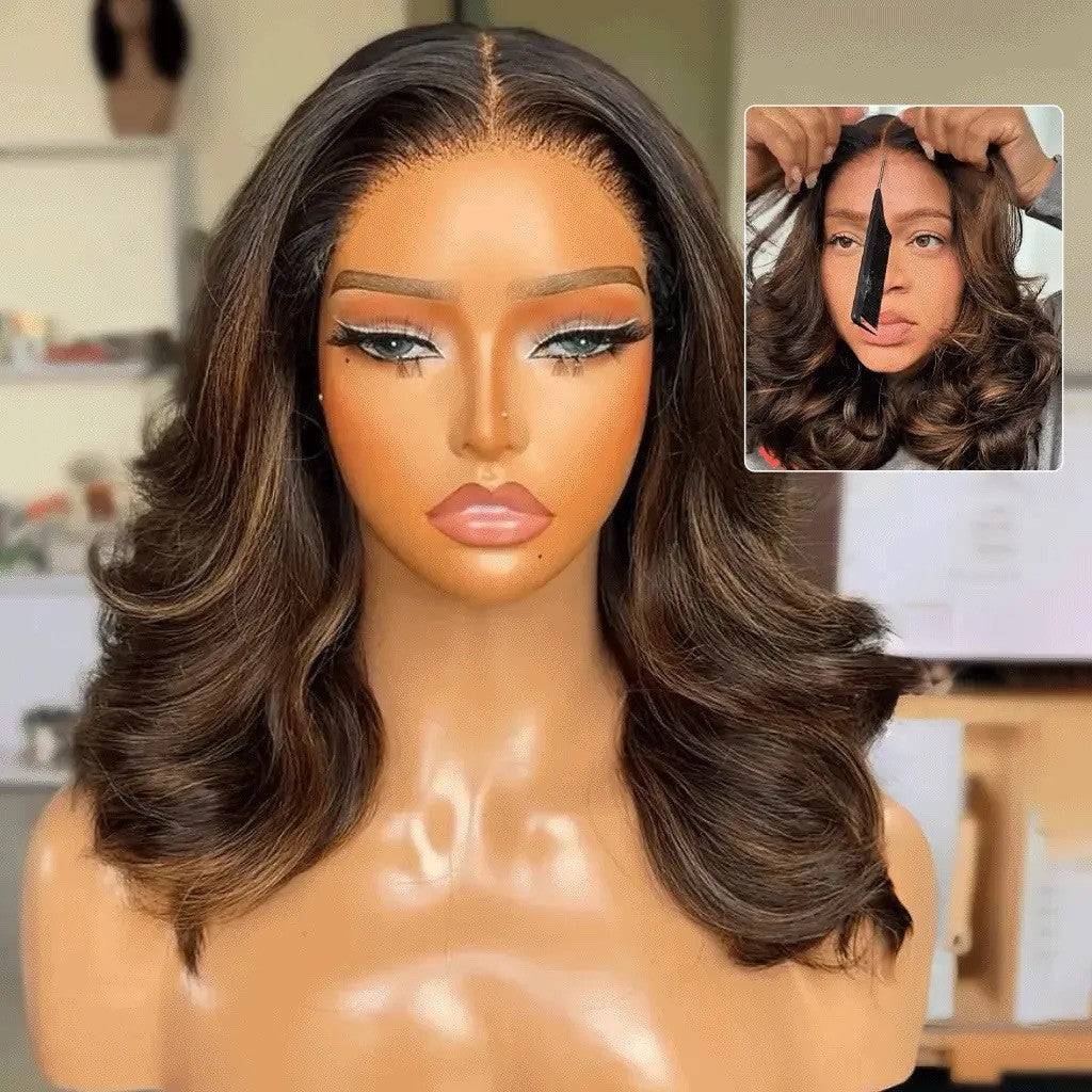 Highlight Brown Layered Cut Loose Wave Glueless Pre-Cut  Lace Wig 250% Density