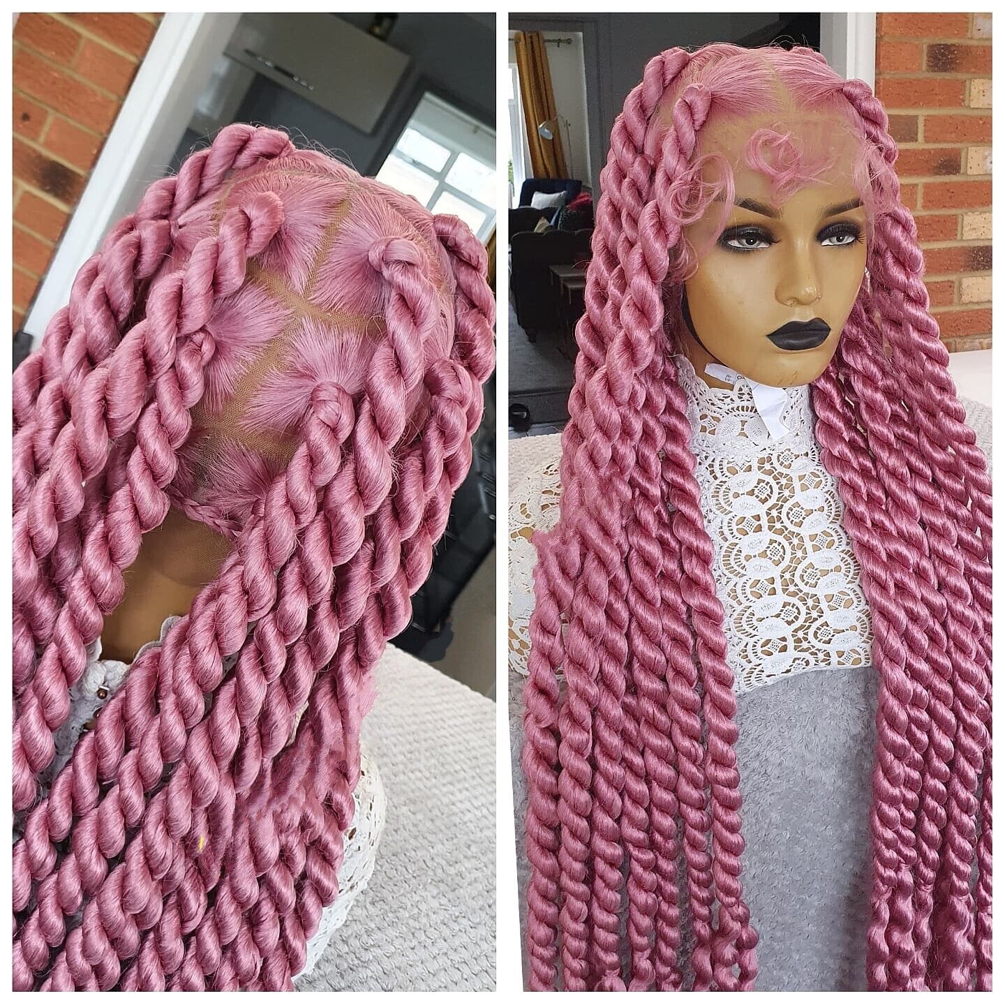 360 Full Lace Funmi Distressed Pink Chunky Twist Braided Wig 35inch Women UK