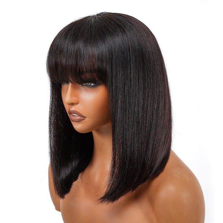 Short Bob With Bangs Human Hair Ready To Go Glueless Lace Front Wig