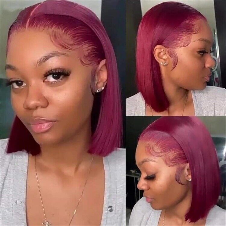 Women Human Hair Wigs Straight Short Bob Full Lace Front Wig UK 99J