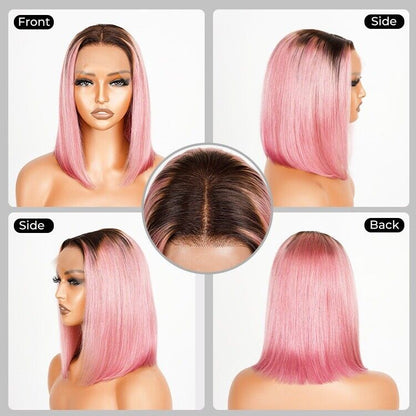 Glueless Ready To Wear Bob Wig Pre Cut Lace Human Hair Coloured HotPink Women UK